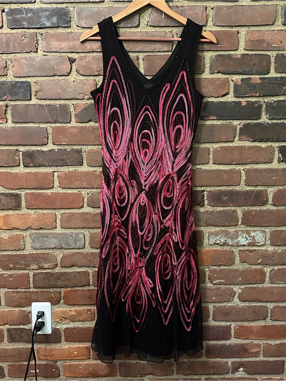 Frank Lyman mesh cocktail dress soutache ribbon embroidery peacock feather motif